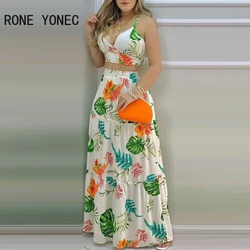 Women Two Piec Set Floral Print V Neck Sleeveless Top & Skirt Set