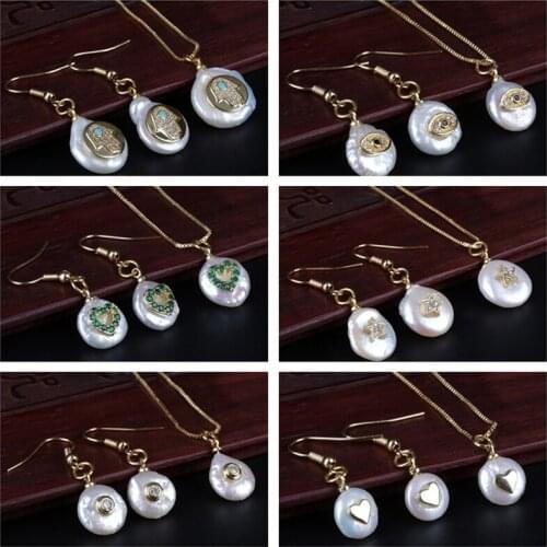 Gold heart star cross multi-pattern mixed cz charm series pearl beads dangle earring & choker necklace jewelry set for woman