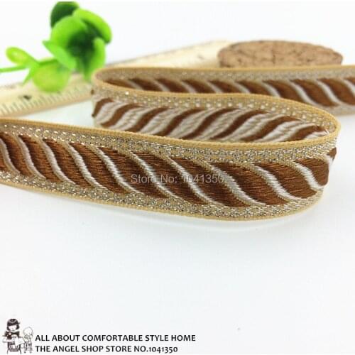 5/8"16mm 10yards/lot Zakka Handmade Accessories Webbing Beige Woven Jacquard Ribbon With Coffee Leaves Glitter Silver Thread