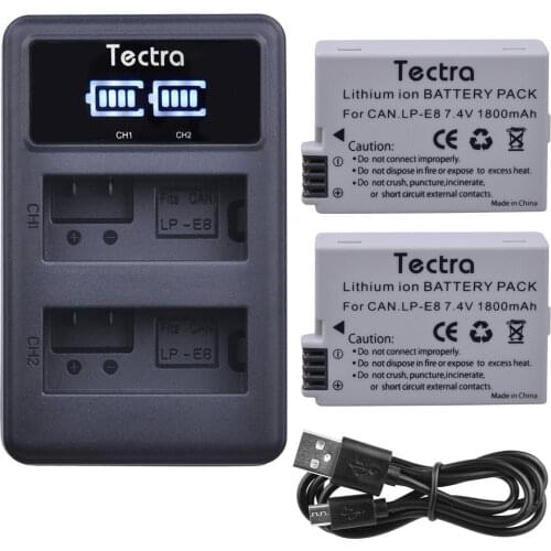 Tectra 1800mAh 2PCS LP-E8 LPE8 LP E8 Battery AKKU for Canon EOS 550D 600D 650D 700D X4 X5 X6i Battery+LED USB Dual Charger