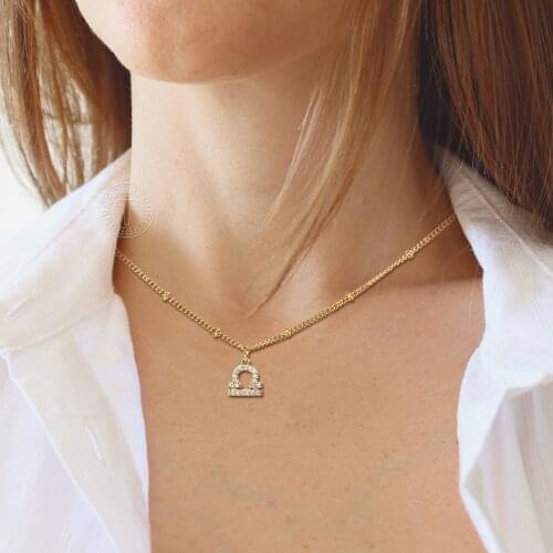 Constellation Zodiac Sign Cubic Zirconia Coin Charm Pendant Choker Necklace for Women Girls Stainless Steel Chain Gift DDN275