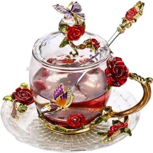 Red Rose Enamel Glass Coffee Mugs Tea Cups and Mugs Handmade Heat Resistant Glass Water Cup Drinkware Lover Gift Wedding Cup