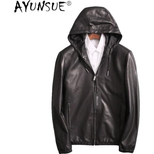 AYUNSUE Genuine Leather Jacket Mens Clothing Autumn Black Mens Leather Jackets Hooded Short Coats Male Jaqueta De Couro SQQ321