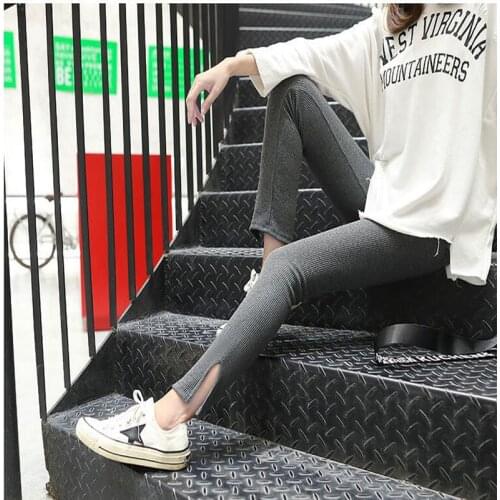 Babbytoro Feme 2019 Leggings Women Girls Vertical Strip Rib Elastic Stretch Cotton Jeggings Solid Color Black Navy Red Bottoms