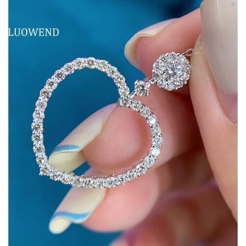 LUOWEND 18K Solid White Gold Trendy Pendant Necklace Real Natural Diamond Heart Shape Women Engagement Female Wedding Gift