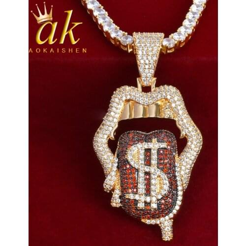 Red Color Tongue Dollar Sign Pendant Plated Hip Hop Cubic Zircon Mens Necklace Chain Rock Jewelry