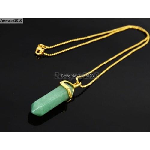 Natural Green Aventurine Gems Stones Hexagonal Pointed Healing Reiki Chakra Pendant Bead Gold 17'' Chain Necklace 5 Sets/ Pack