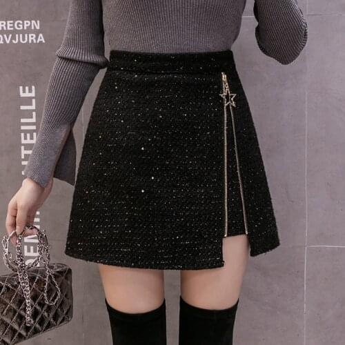 Autumn Winter New Fashion Womens Skirt Streetwear Trend High Waist All-Match Shiny Tweed INS Skirt Zipper Decorative