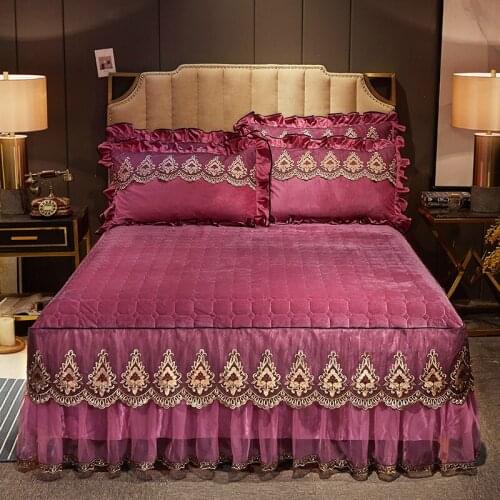 Thickening Crystal quilted lace Bedspread Fitted Sheet Pillowcases 2/3pcs Solid Princess Lace Bedding