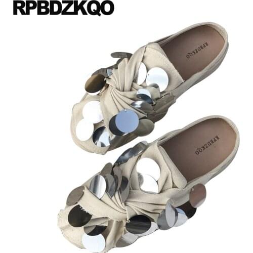 China round toe slippers sequin ladies beautiful flats shoes cloth breathable latest slip on women large size mules designer