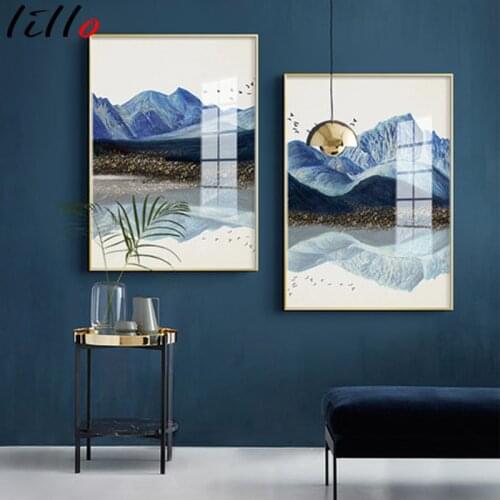 Modern Minimalist Wall Art Blue Mountain Canvas Art Painting Ink Landscape Posters Flying Bird Print Painting Bedroom Home Decor