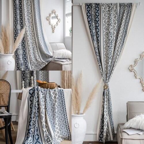 Blue and White Porcelain Printed Blackout Curtains Boho Cotton Home Decor for Living Room Bedroom Window Curtain Home Textiles
