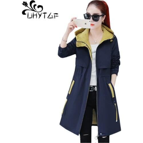 UHYTGF Trench coat for women Hooded casual spring autumn Windbreaker female zipper Slim Plus size top long coat women Genuine999