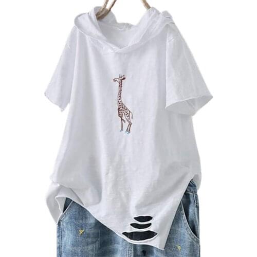 Women Casual Solid Color Short Sleeve Ripped Giraffe Print Loose T-shirt Hoodie Female Fashion Clothing 2021