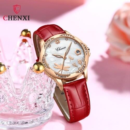CHENXI Watch Women Genuine Leather Crystal Diamond Ladies Watch Date Quartz Wrist Watches For Women Clock Zegarek Damski 2021