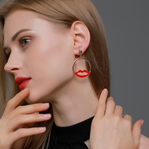 Round Hollow Red Lips Drop Earrings for Women Gold Silver Colour Sexy Hoop Earrings Party Wedding Gift Fashion Jewelry 2020 New