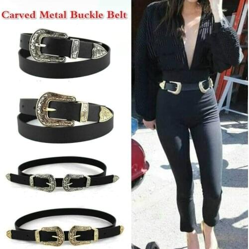 Women Vintage Carved Belt Black Leather Western Cowgirl Waist Belt Metal Buckle Waistband