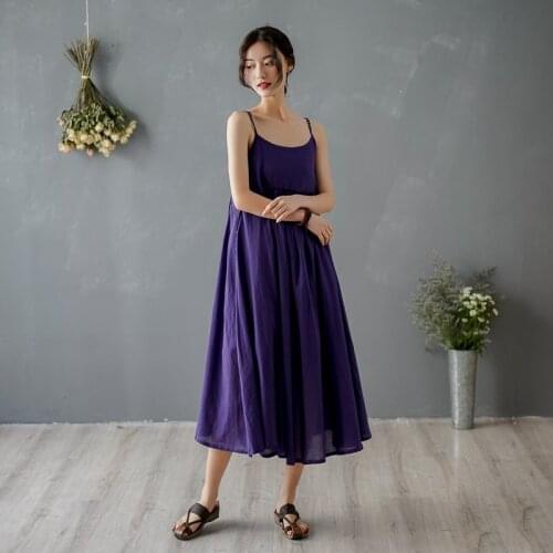 Women Summer Solid Color Spaghetti Strap Dress Ladies Sleeveless Dress Female Vintage Cotton Linen Dress 2020