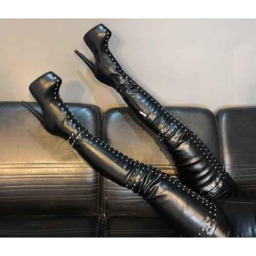 Black Blue Burgundy Rivets Leather Platform Thigh High Boots Woman Fashion Studs Thin Heels Sexy Over The Knee Long Club Boots