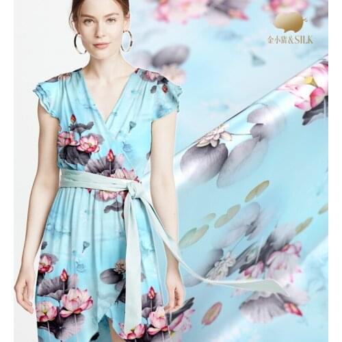 Digital inkjet lotus silk fabric satin 19mm soft cheongsam garment silk stretch satin fabric wholesale silk cloth 108cm