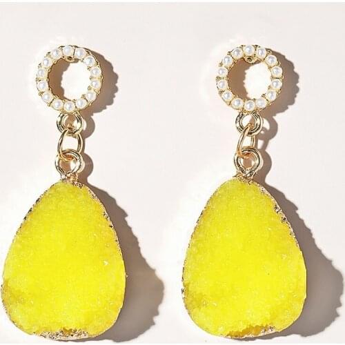 HuaTang Boho Yellow Stone Water Drop Earrings for Women Long Geometric Round Pearl Dangle Earring Ladies Statement Party Jewelry