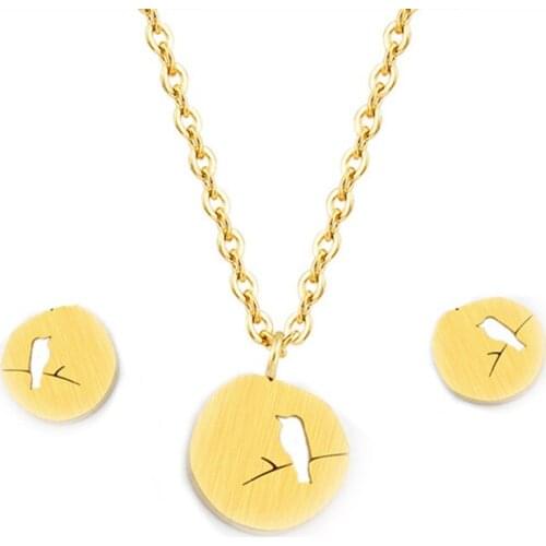 Cute Bird On Branch Pendant Necklace Earrings For Women Men Jewelry Set Rose Gold Stainless Steel Oval Round Brinco Bijoux Femme