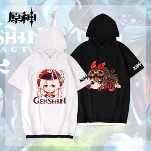 Genshin Impact Cosplay Costumes Short Sleeve Hooded T-shirt Cos Keqing Diluc Klee Cotton Loose Clothes For Men Women Gift