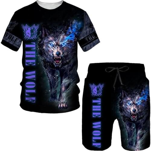 Summer Fierce Wolf 3d Printing Mens T-shirt + Shorts Suit Mens Sportswear Sportswear O-neck Short-sleeved Boys 2-piece Suit
