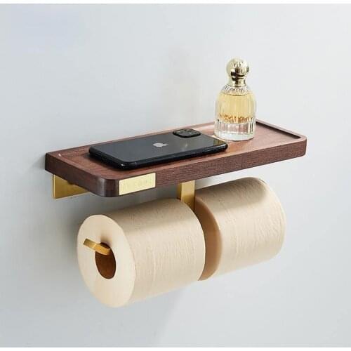 Brass Toilet Paper Holder Wall Mounted Wooden Phone Holder Rack Bathroom Roll Paper Holder Hanger Wall Shelf for Toilet Storage