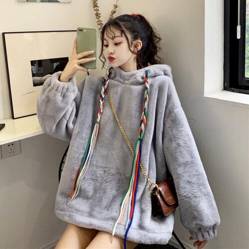 2020 winter new thick imitation lamb plush pullover sweatshirt female Korean style oversize hoodies loose small fresh coat