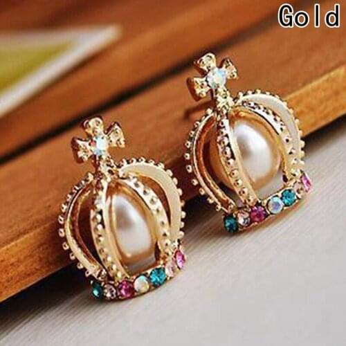 Wholesale Gold Color Rhinestone Cross Crown Pearl Imitation Crystal Retro Stud Earrings For Women Gift