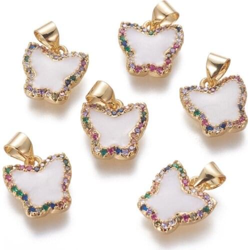 Pandahall 5pcs Butterfly Brass Enamel Charms with Cubic Zirconia for Necklace Bracelets Making Jewelry DIY Golden 12x11.5x2.4mm