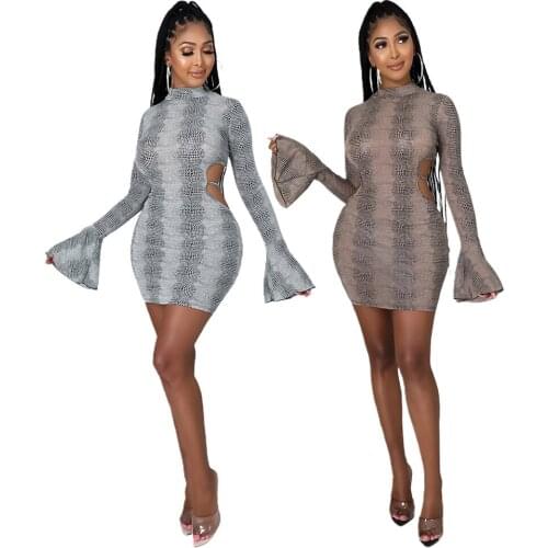 Sexy Print Back Hollow Bandage Slim Dress Round Neck Long Flare Sleeve Fall Outfits Bodycon Night Club Mini Dresses for Women