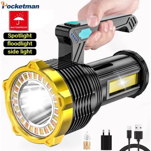 Portable 50000 Lumen High Power Led Spotlight Floodlight Searchlight 3 in 1 With Side Light Power Display 8 Modes Flashlight