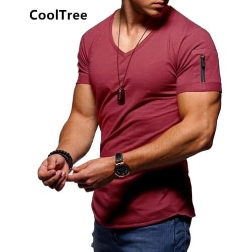 CoolTree Men Casual T-shirts Summer Breathable Solid color V-neck Short sleeve T-shirt Male Slim Fit T shirt EU Size Tees Tops