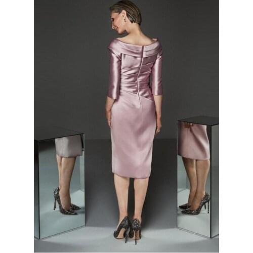 Simple Modern Sheath Lilac Satin Plunge V Neckline Mother Dresses Knee Length Mother of the Groom Gowns Three Quarter Sleeve