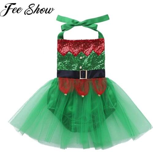 Christmas Kid Baby Girls Clothing Halter Neck Shiny Sequins Bells Backless Mesh Rompers Jumpsuit Infant Girls Xmas Clothes