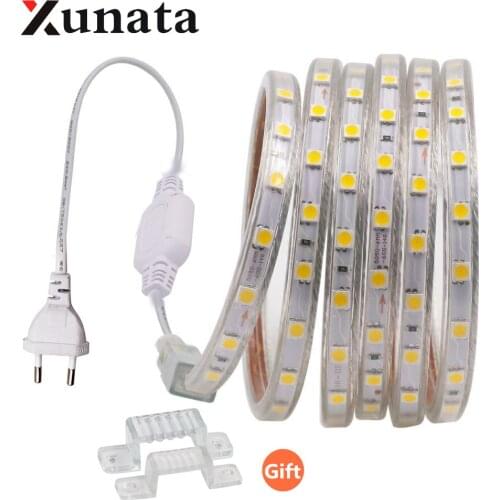 EU Plug Dimmable Waterproof Garden Outdoor Kitchen 220V White/Red/Blue/Green LED Strip 5050 60leds/m Flexible LED Light Strip