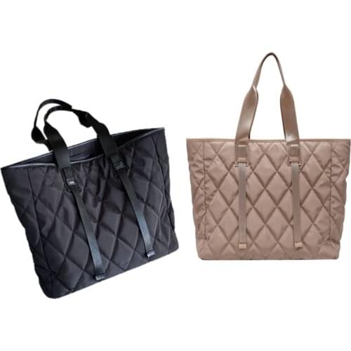 Women Large Capacity Nylon Tote Bag Quilted Solid Color Work Shoulder Handbag