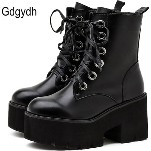 Gdgydh Easy Walking Thick Sole Chunky Platform Boots Goth Cross-tied Ladies Short Heel Boots Black Leather PU Plus Size 41