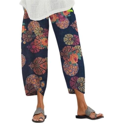 2021 Casual Fashion Pants Loose Irregular Hem Polyester Printed Elastic Waist Women Trousers for Daily Wear Home School Work