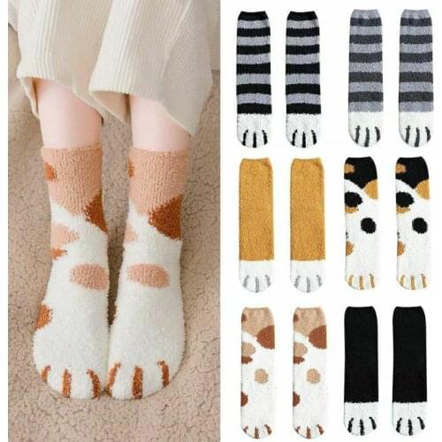 Women Winter Warm Fluffy Fuzzy Warm Slipper Socks Cute Meow Cat Paws Cartoon Print Hosiery 2020 New Cute Thicken Socks