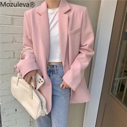 Mozuleva 2021 Chic Loose Light Pink Women Blazer Spring Summer Single Buttons Female Oversized Suit Jacket Full Sleeve Outwear