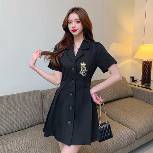2021 Summer Womens Dresses Casual Solid Notched Collar Single Breasted Pleated Hem A-line Preppy Style Black Dress Woman