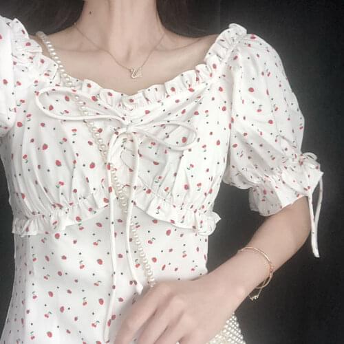 Strawberry Dress Women Elegant Chiffon Floral Print Dress Casual Slim Puff Sleeve Sweet Chic Ruffle One-Piece Dress Korean