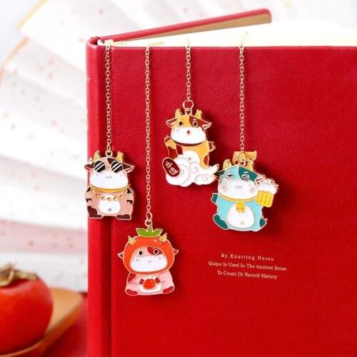 Zodiac Ox Cattle Year Bookmarks for Book Red Book Mark Metal Pendant Beautifully Decorated Gifts with Bookmark Page Folder