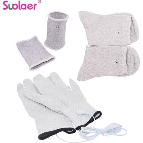 1 Set Conductive Silver Fiber TENS / EMS Electrode Treatment Gloves + Socks + Knee Pads + Cable for Meridian Acupressure Device