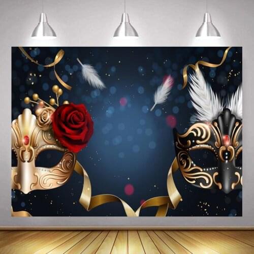 Black Gold Mask Mardi Gras Masquerade Backdrop Photography Festival Party Venue Decorative White Feather Background Studio