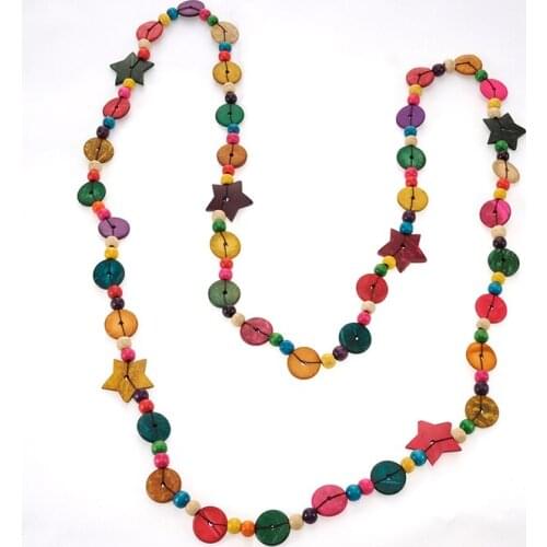 New Wooden Beaded Chain Coconut Shell Pentagram Multicolor Long Boho Summer Beach Chic Long Necklace
