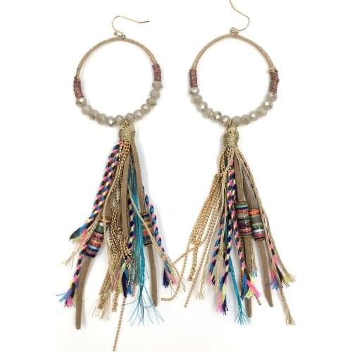 Long fringe dangle earring beaded leather long tassel earrings crystal chandelier earrings bohemian style earrings colorful
